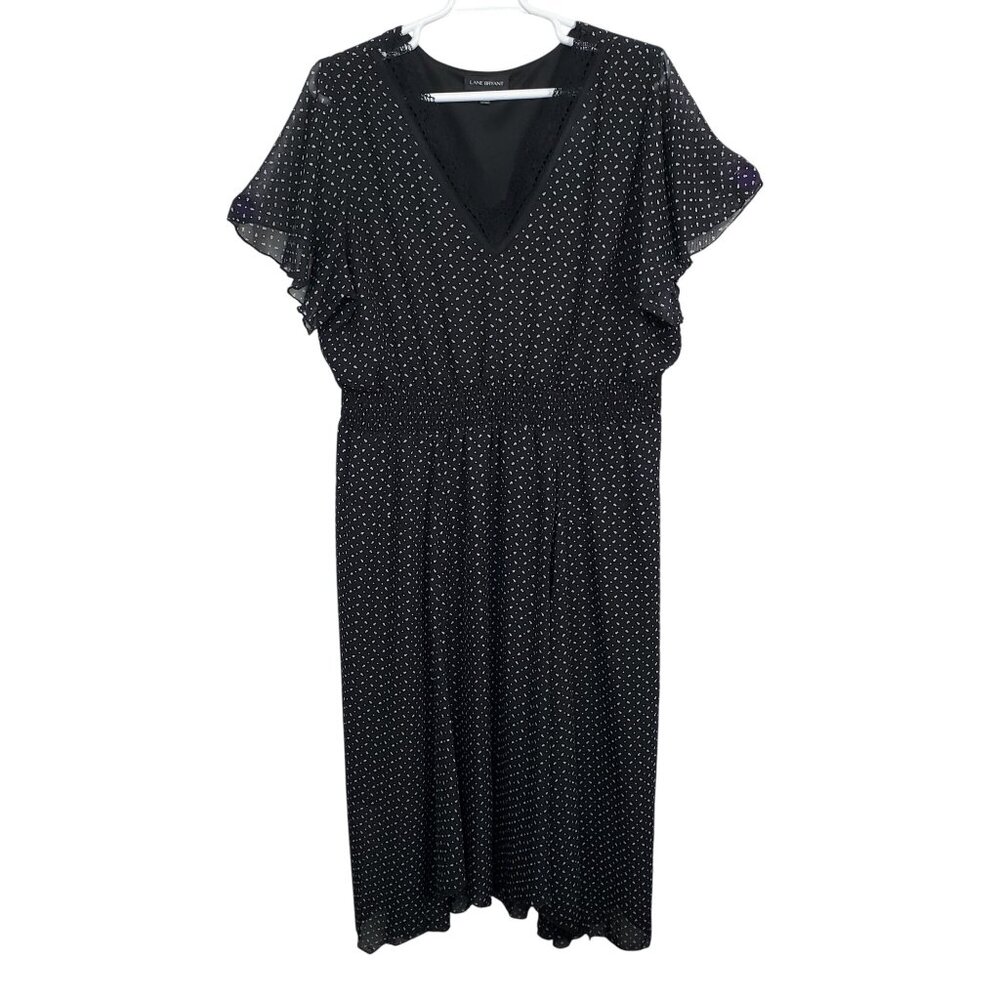 Lane Bryant 26 28 Dress Chiffon Polka Dot Maxi Flutter Sleeve Smocked Waist Lace - Picture 2 of 14